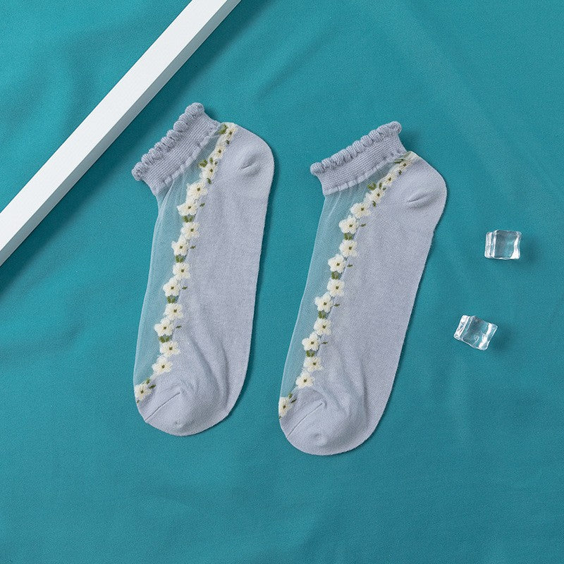 Women's Thin Spun Glass Lace Crystal Boat Socks