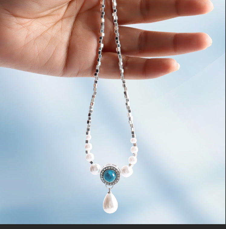 Ocean Blue Water Drop Pearl Necklace For Women